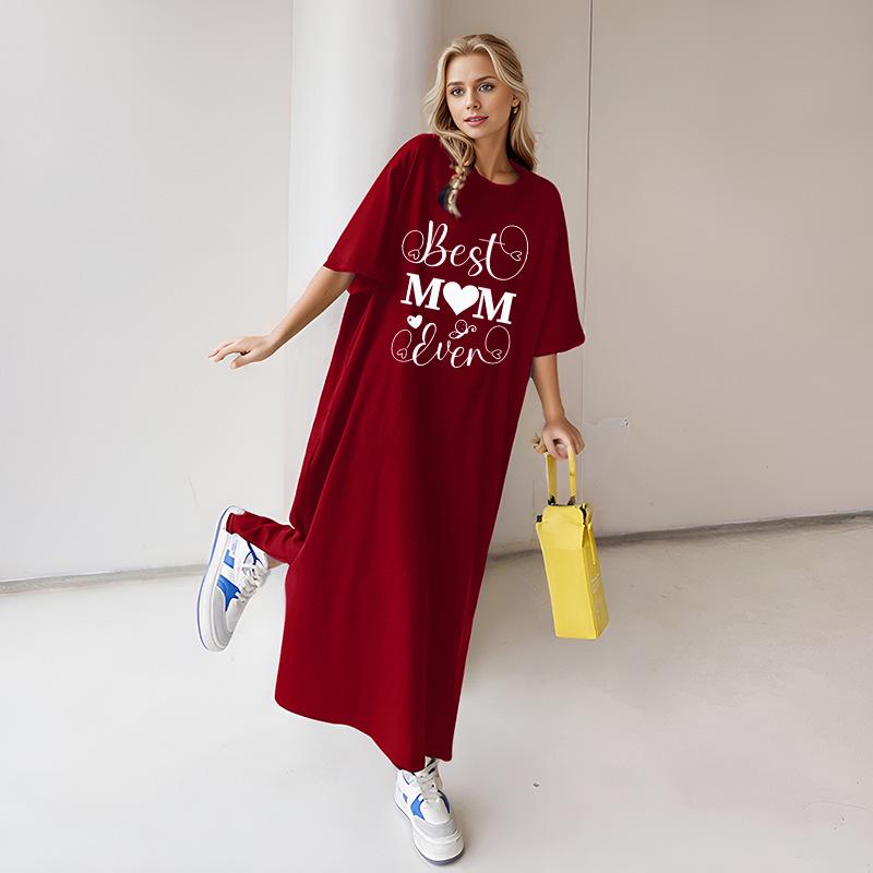 2026 Women's Summer Loose Plus Size Letter Print T-Shirt Dress - Over-the-Knee Short Sleeve