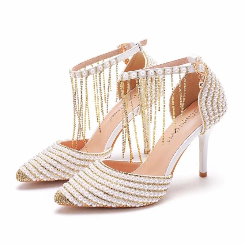Fashion New Gold Rhinestone String Bead Tassel High-heel Sandals Sweet Girl Take Wedding Photographs  Stage Performance High Heels Shose