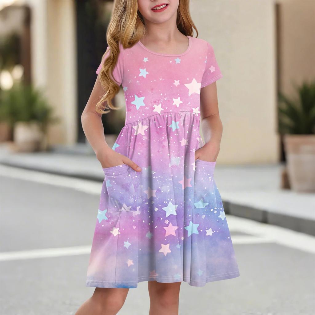 Children's Skirt Round Neck Short Sleeve Princess Dress Fashion Casual Pocket Dress For Girls