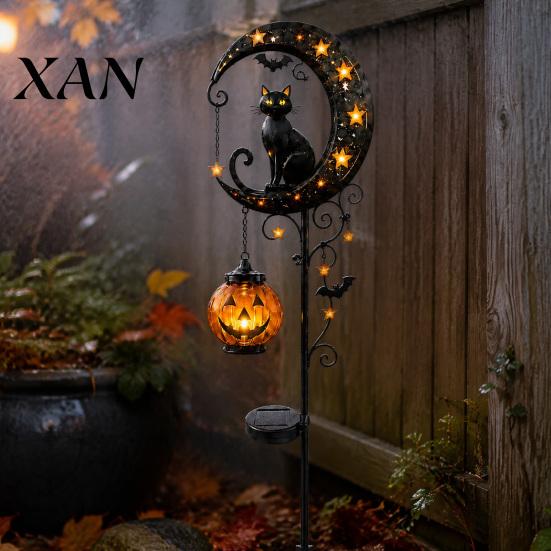 Decorative Lawn Stakes for Halloween Solar Garden Stake Light, Metal Black Cat & Pumpkin Moon Waterproof Powered Lights Decorations Patio Yard Pathway