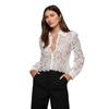 Sexy European & American Lace Lapel Long Sleeve Tassel See-Through Top