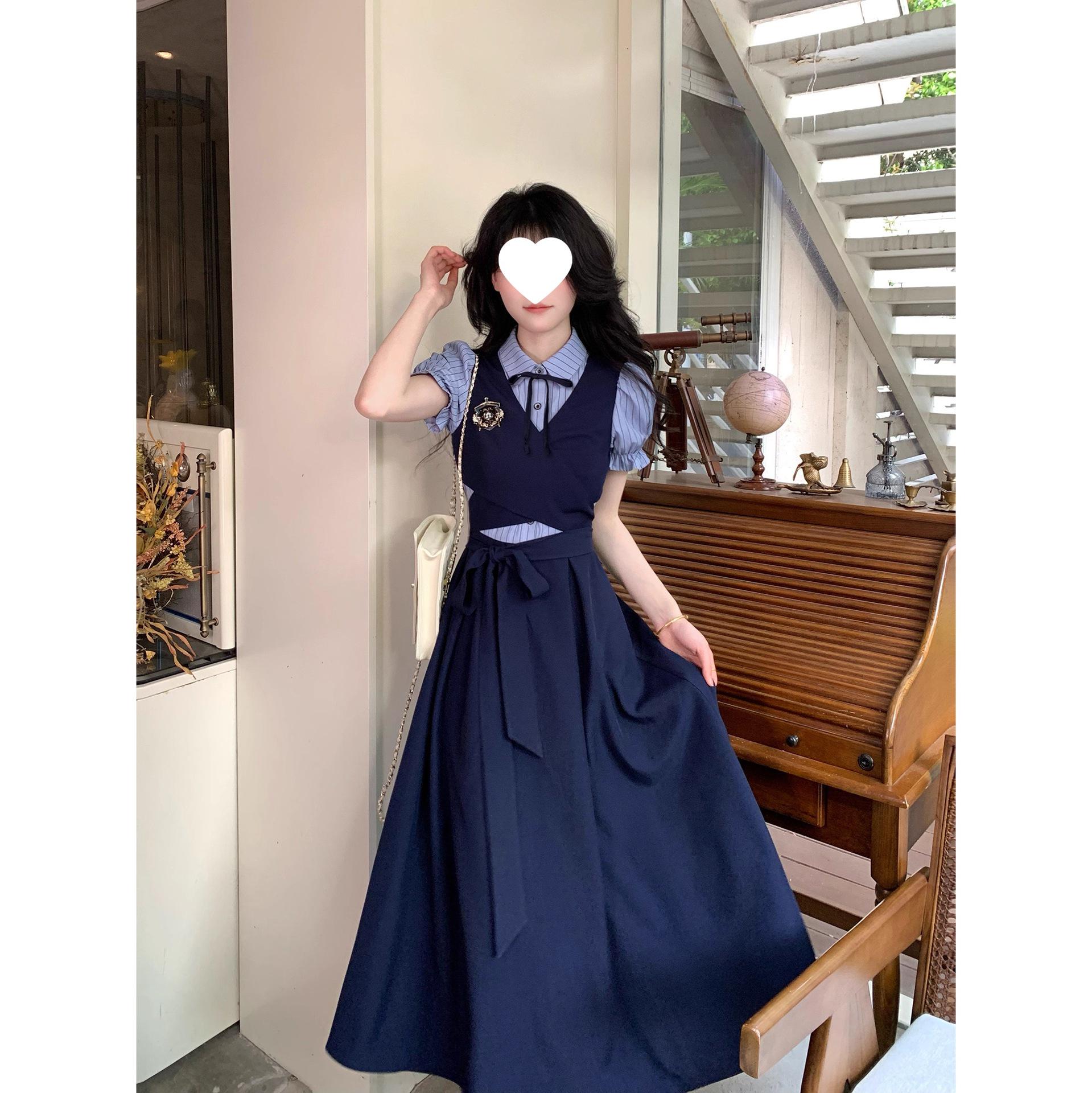 Deep Blue Striped Patchwork Polo Collar Waist-Cinching Long Dress for Early Autumn Small глубокий/синий