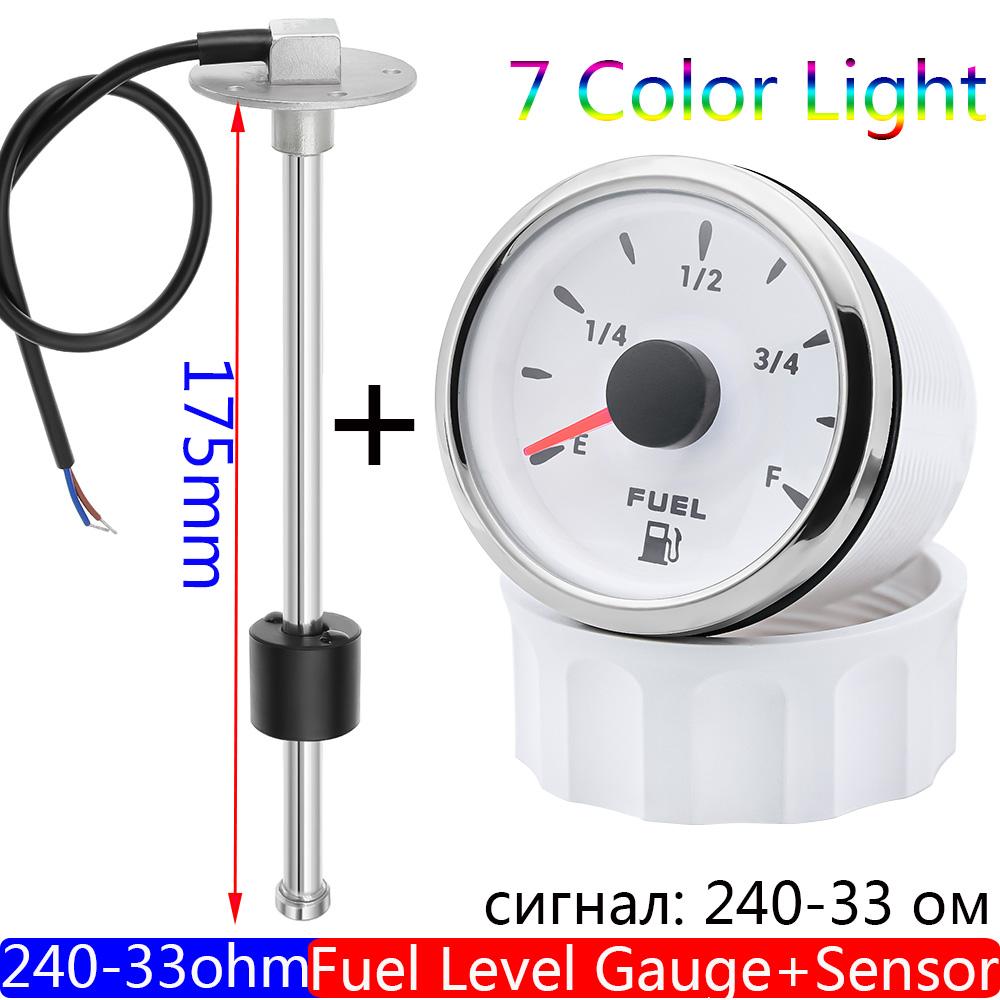 7 Color Backlight 240-33 Ohm 2" 52mm Fuel Level Gauge+Fuel Float Level Sensor Customized Length for Marine Car RV Boat 9-32V