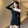 Korean Chic American Retro Spice Girl Style One Word Shoulder Long Sleeves Tight and Thin Pure Desire Short Hip Wrap Dress Women