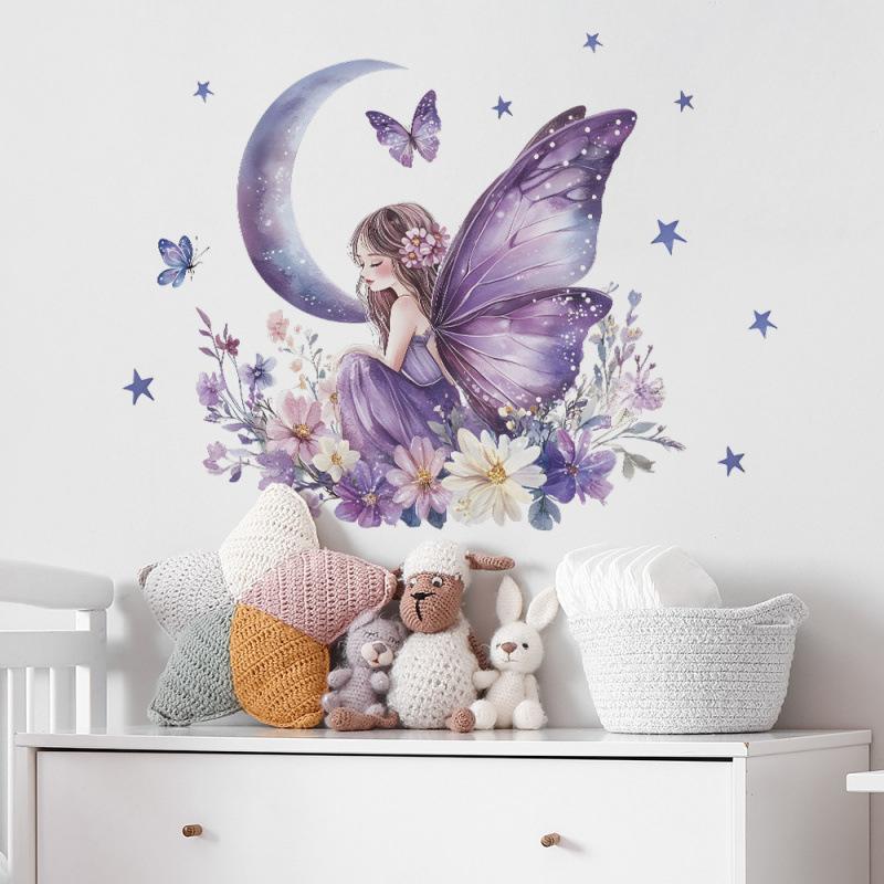 Purple Butterfly Girl Flower Wall Stickers Living Room Decorative Stickers Girl Room Children Bedroom Background Wall Decorative