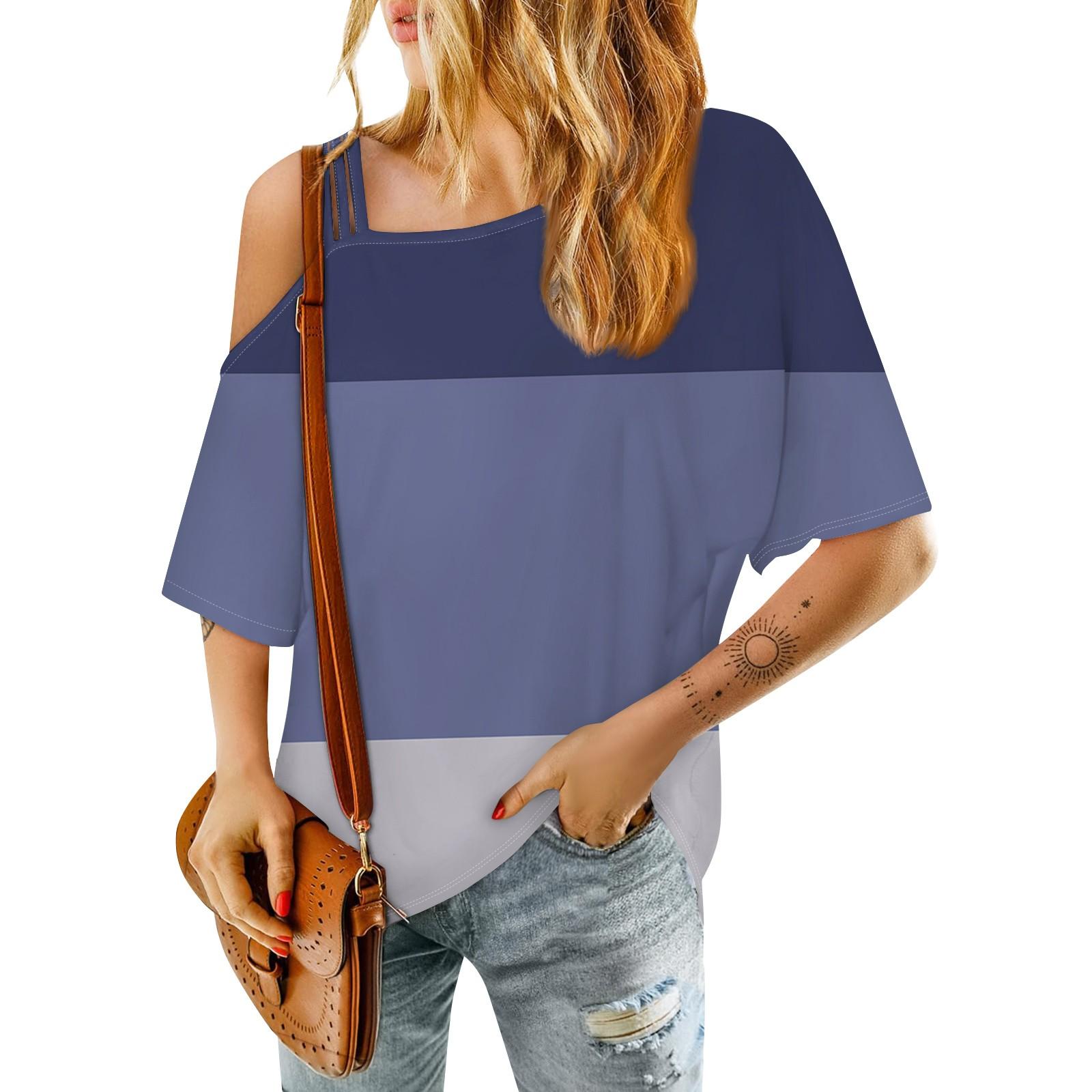 Женская модная повседневная футболка с цветными блоками на одно плечо — фото 4