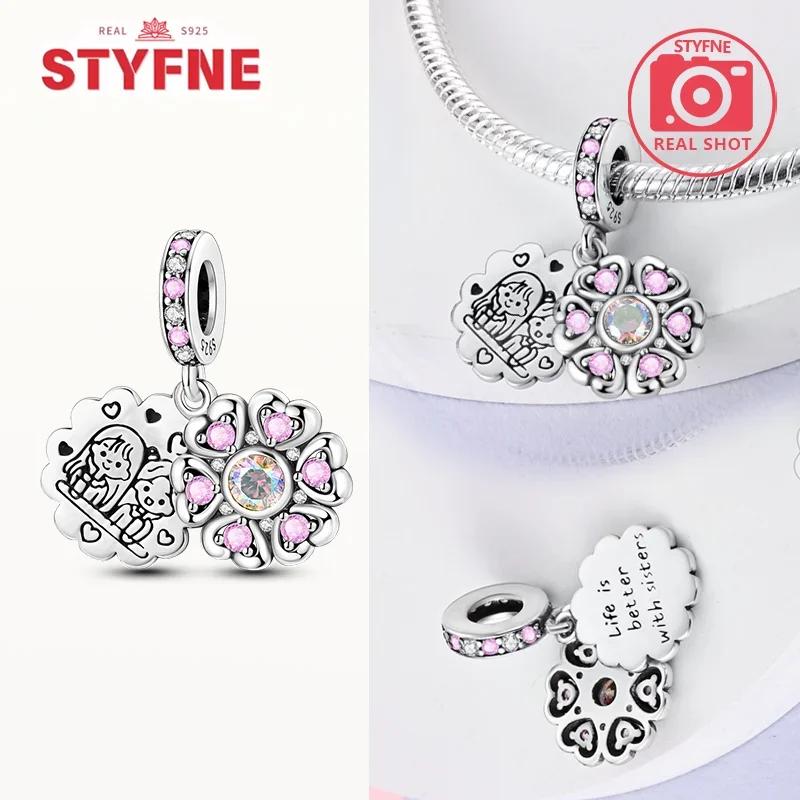925 Silver Sisters On Swing Heart Charm Beads DIY Bracelet Fine Jewelry Gift for Women Sister Forever