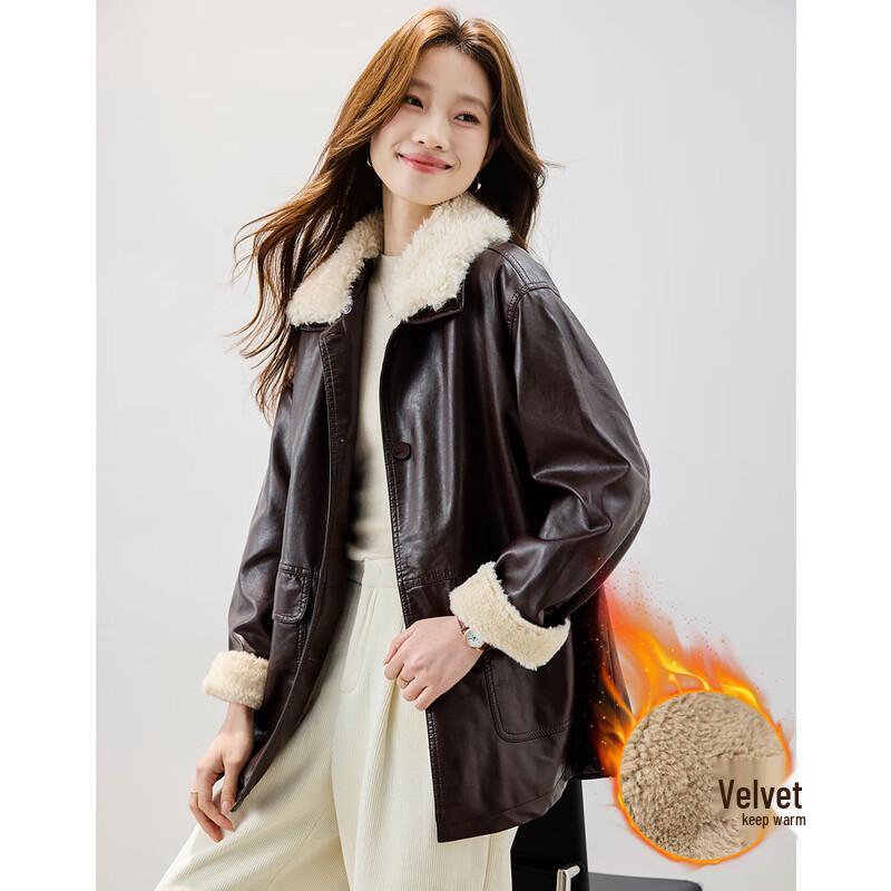 

TERRE BLEUE Women s Fur-Collar Thickened Faux Leather Jacket