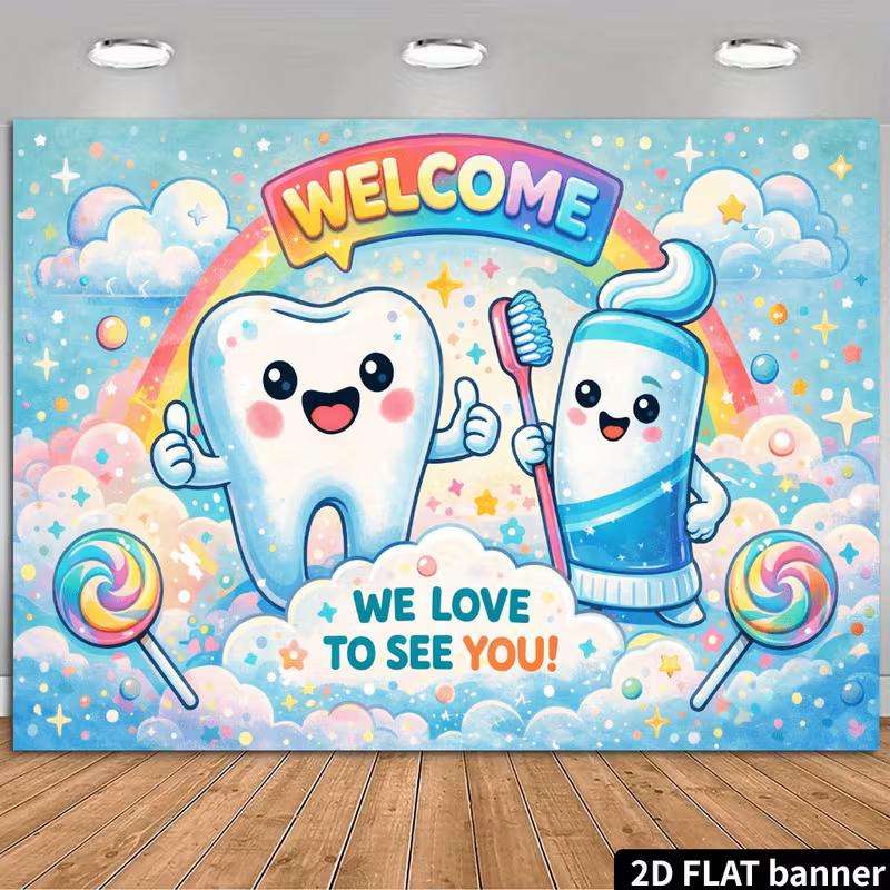 

2D Pediatric Dentist Backdrop, Cartoon Tooth & Brush Welcome Banner 47.2x31.5inch/120*80cm
