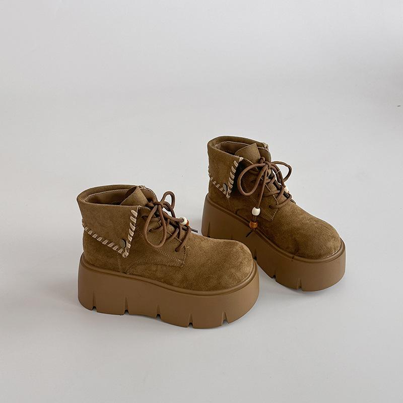 Retro Solid Color Design, Thick-soled Lace-up Folding Martin Boots for Women's 2025 Autumn and Winter New Models, Small People Increase Height and