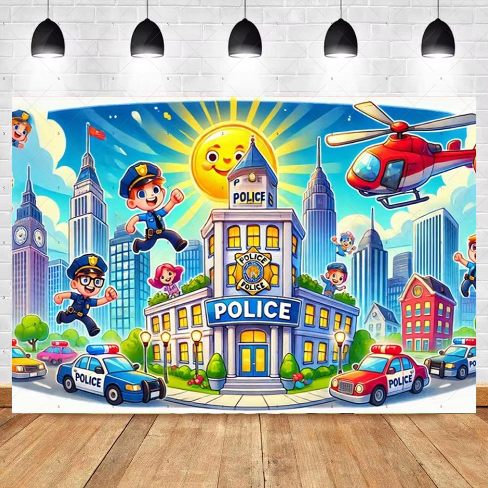 Cartoon Police Backdrop Police Station Car Background Banner Kid Birthday Party Decoration Baby Shower Supplies Photography Prop
