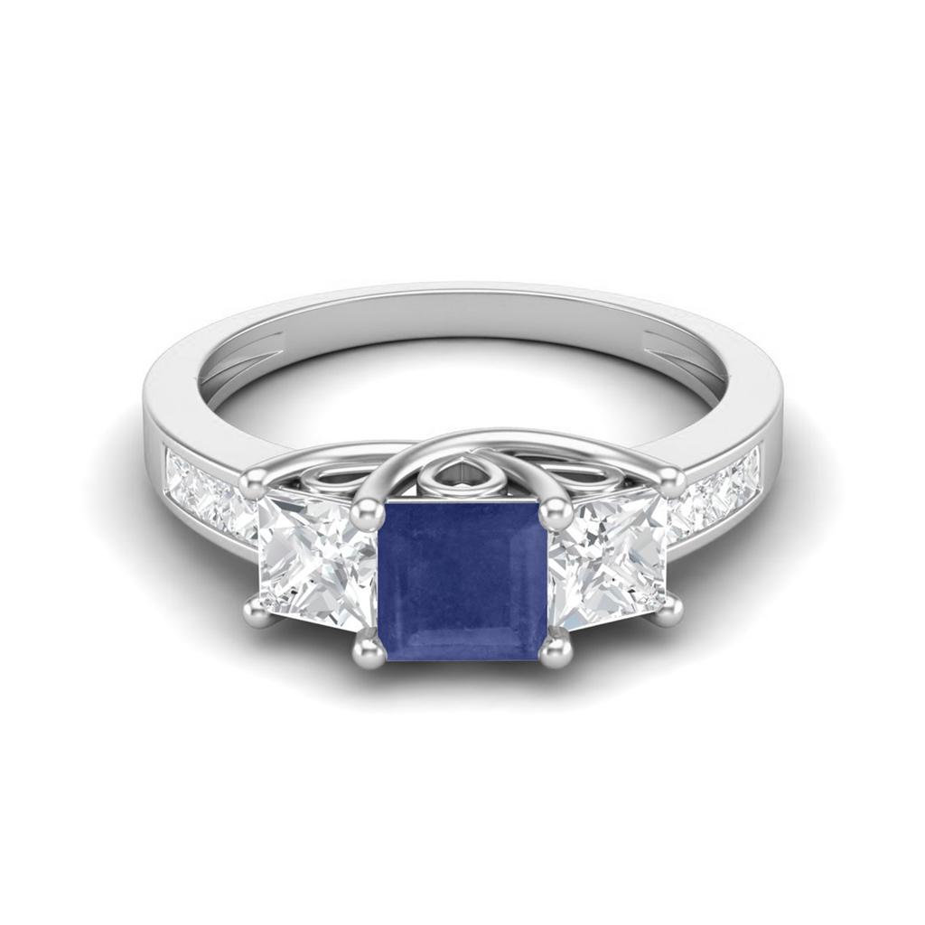 2.75 Cts Square Three Stone Blue Sapphire 925 Sterling Silver Women Engagement Ring