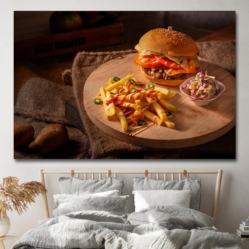 Amerikanischer Stil Fast-Food-Bilder, Leinwandgemälde, Hamburger, Pommes, Hot Dog, Poster und Drucke für Wohnzimmer, Küche, Wanddekoration