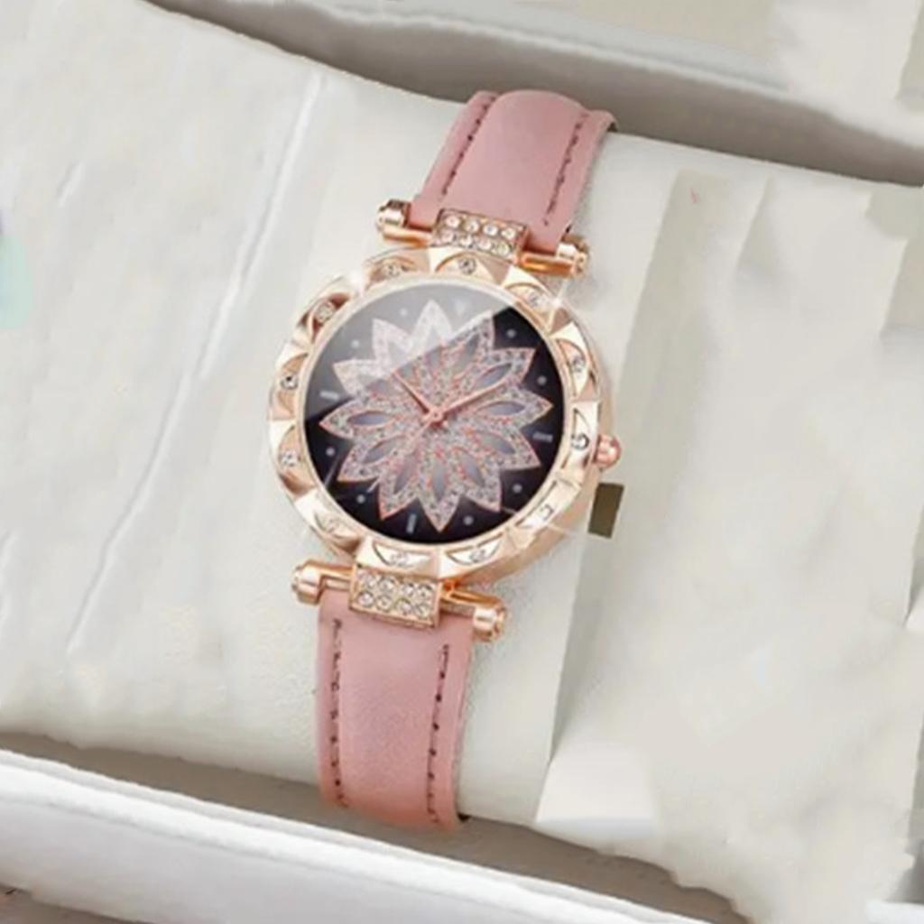 Fashionable Simple Diamond Flower Round Dial Leather Strap Women's Quartz Watch Set of 6 for Christmas and Thanksgiving Gifts
