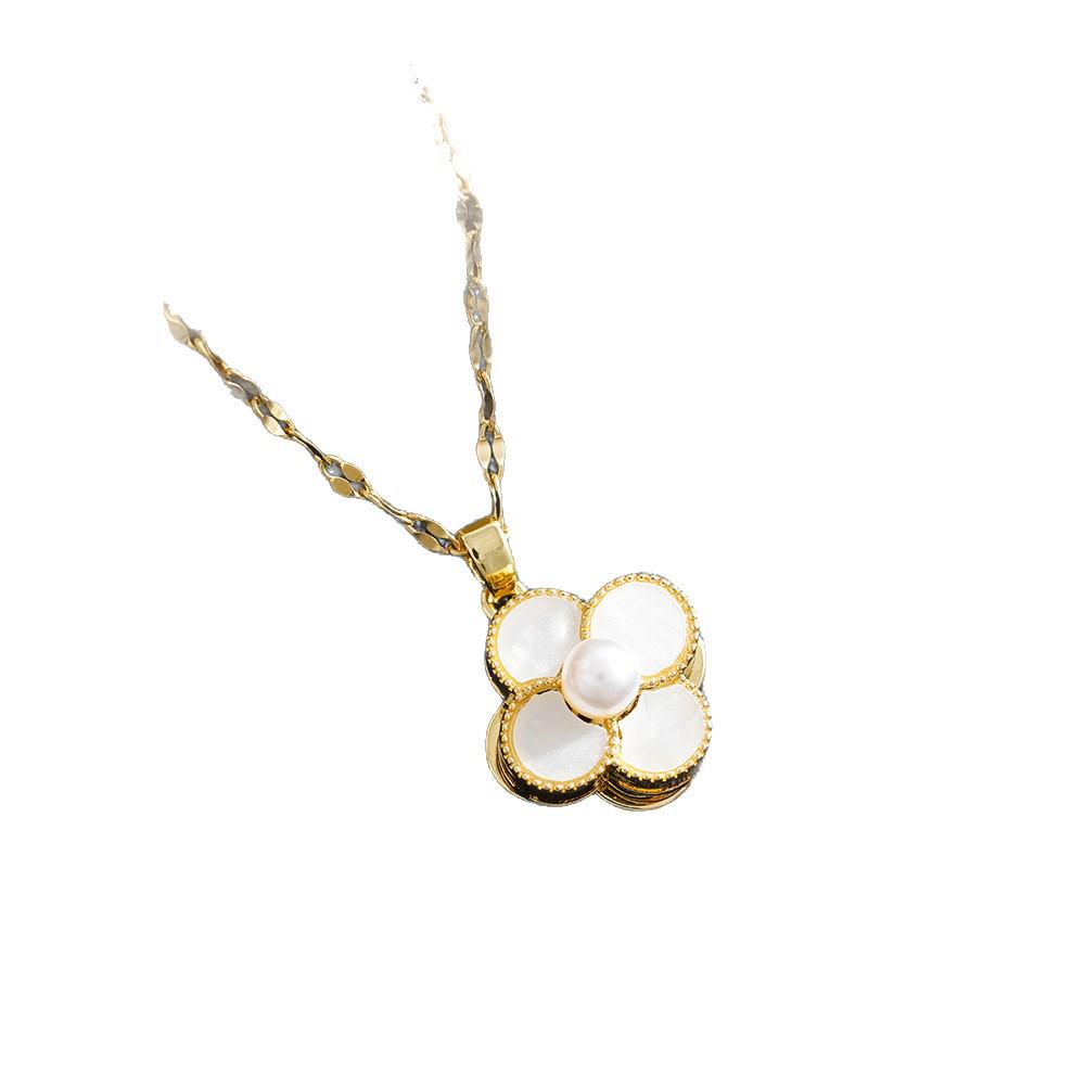 Natural Pearl & Cat's Eye Four-Leaf Clover Necklace - Rotating Titanium Steel Clavicle Chain for Women