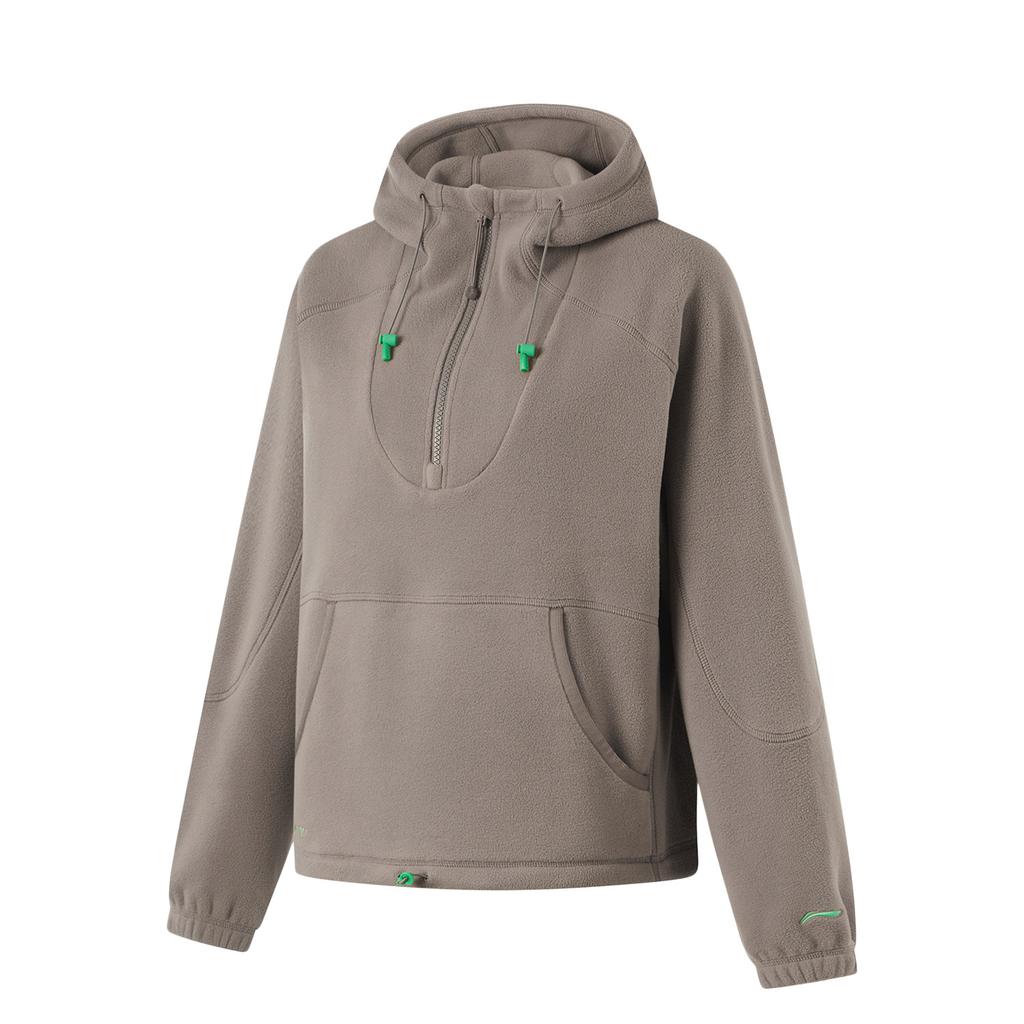 Li Ning Fitness Series Fleece Lined Warm Letter Hoodie Long Sleeve Sweatshirt Women Sweatshirt Tree-Gray Brown AWDU554-7
