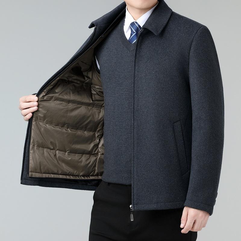 Winter Cashmere Jacket Men's Thickened Middle-aged Down Lining Wool Woolen Coat Two-piece Set Lapel Warm Coat