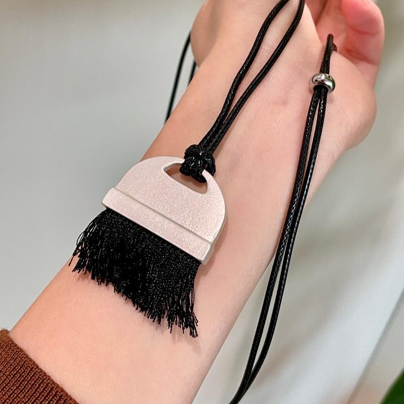 Handcrafted Black Pendant Necklace Sweater Chain with Tassel for Women