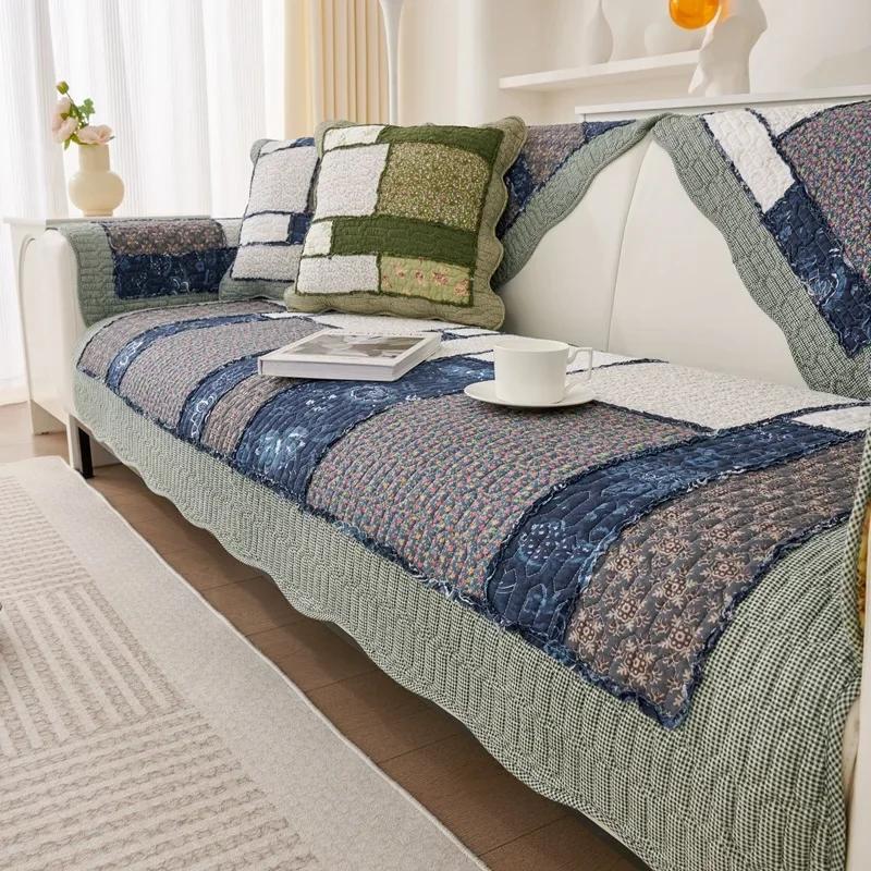 1Pcs Thickened Cotton Sofa Cushion Splicing Grid Quilted Sofa Cover Living Room Decoration Anti Slip Sofa Cover Towel Couch Pad
