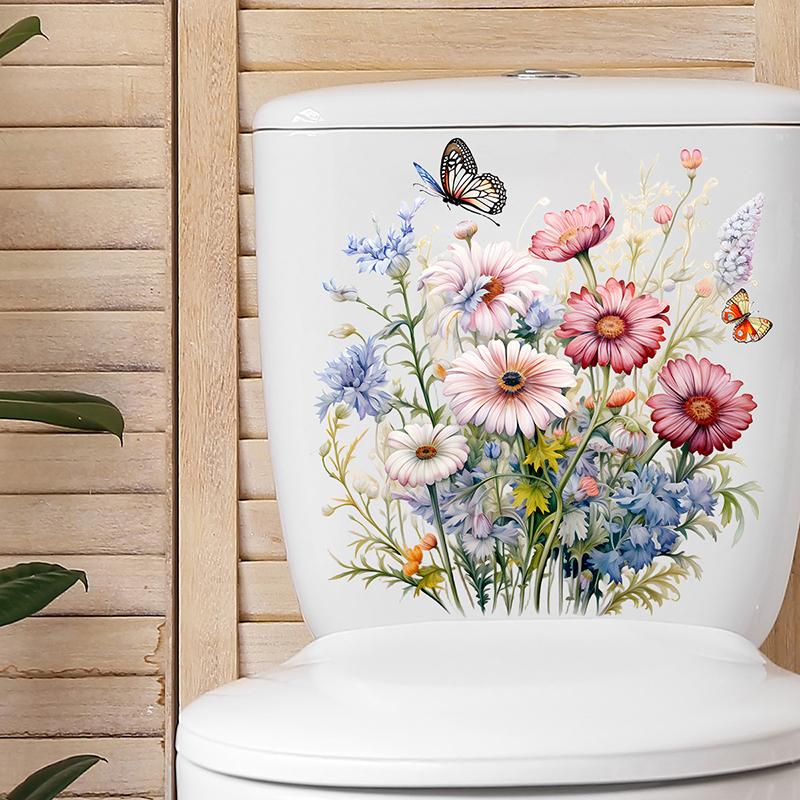 Bathroom Toilet Flower Stickers Minimalist Butterfly Flower Pattern Self-Adhesive Paintings For Bathroom Living Decorations