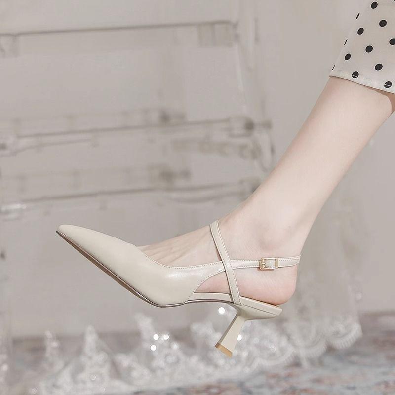 Thin Heel Soft Sole Fairy Wind Empty Sandals Woman 2025 Summer New Versatile Pointed Head Bag Head One-word Buckle Single Shoes Woman