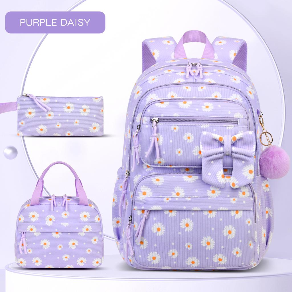Corduroy Three-Piece Backpack Cherry Pattern Girl Heart Large Capacity Lightweight Backpack