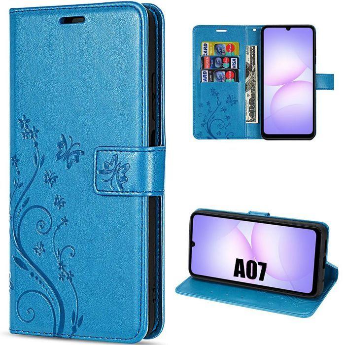 Coque de Protection - BOOLING - Samsung Galaxy A07 - Rabat Synthécuir Bleu Motif Floral Papillon