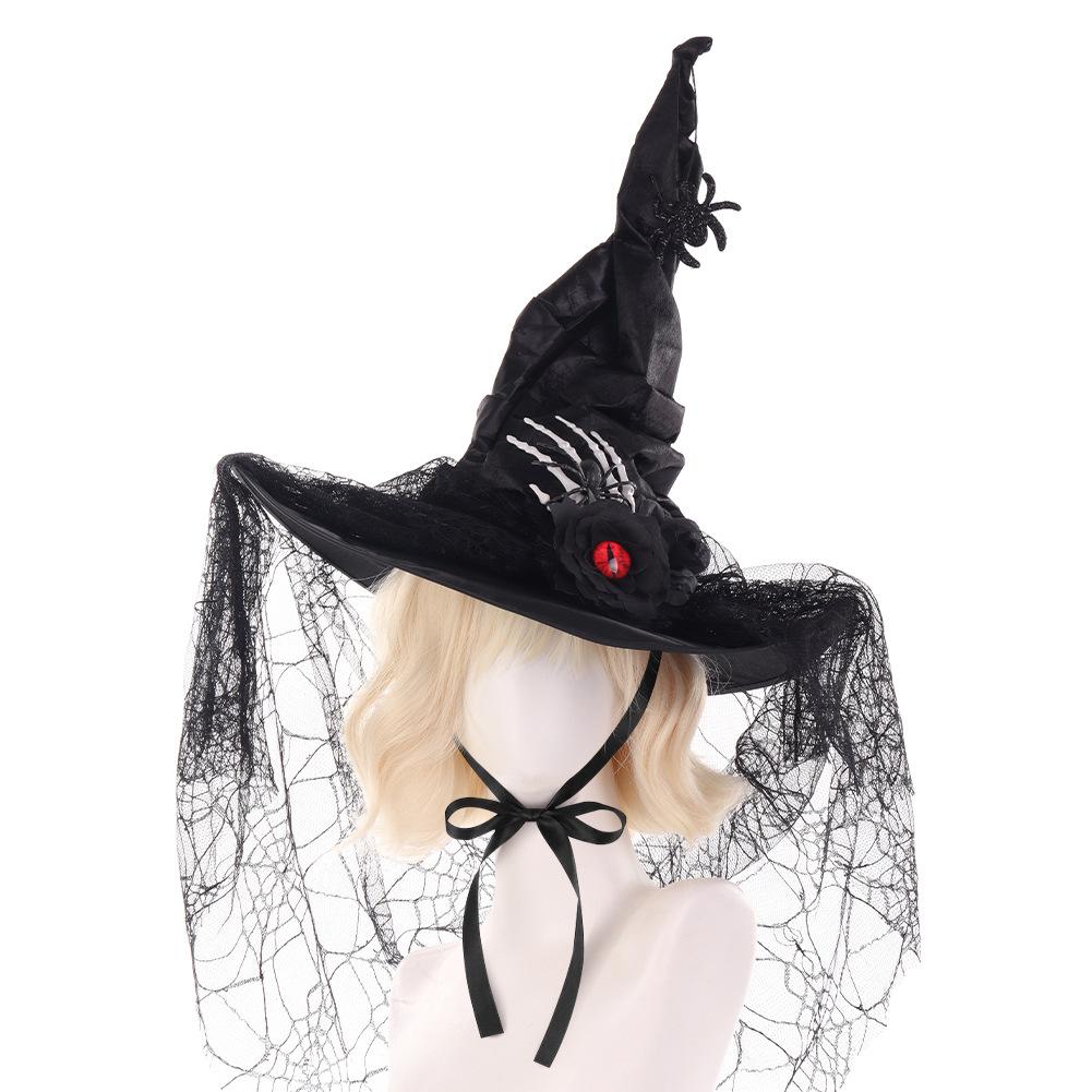 Halloween Crinkled Lace Witch Hat, Cosplay Wizard Hat for Party & Ball, Dark Bone Finger Decorations