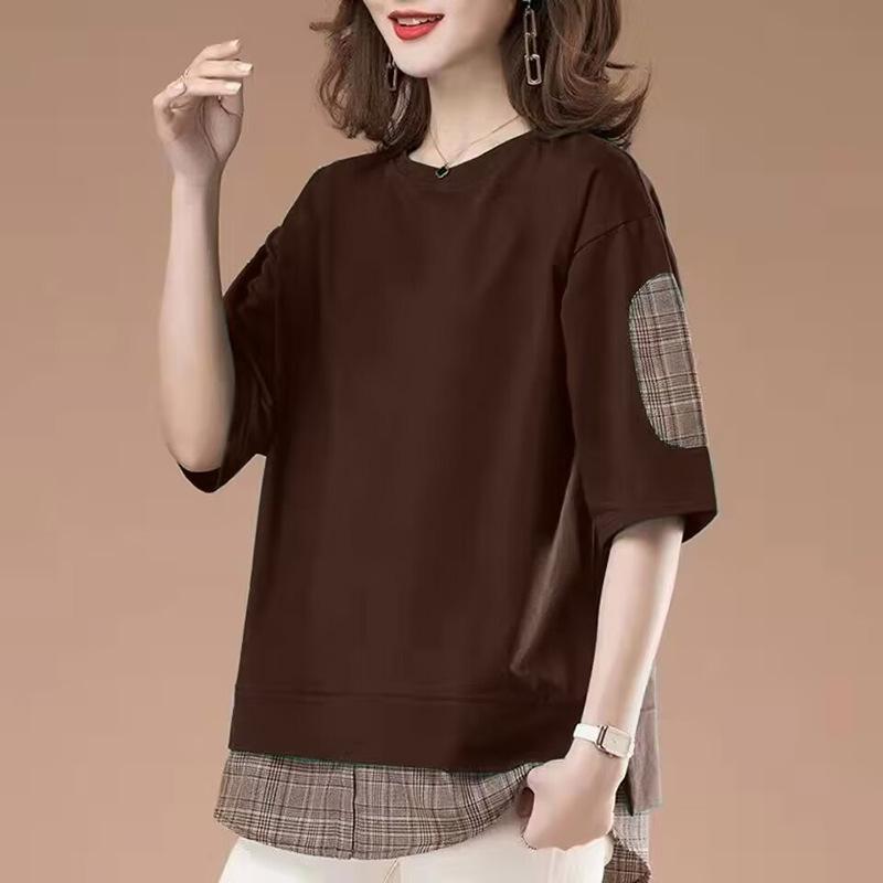 Design sense fake two-piece T-shirt women's short-sleeved 2025 summer new loose casual mother large size meat-covering and thin top