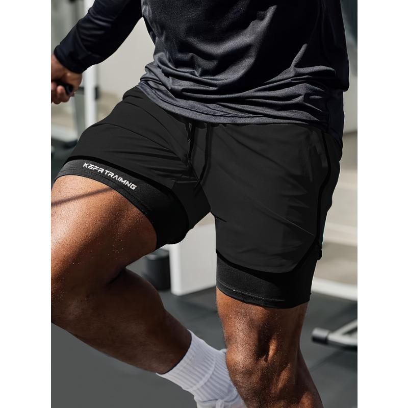Men s Black Quick Dry Running Shorts with Inner Compression Layer Athletic Shorts M