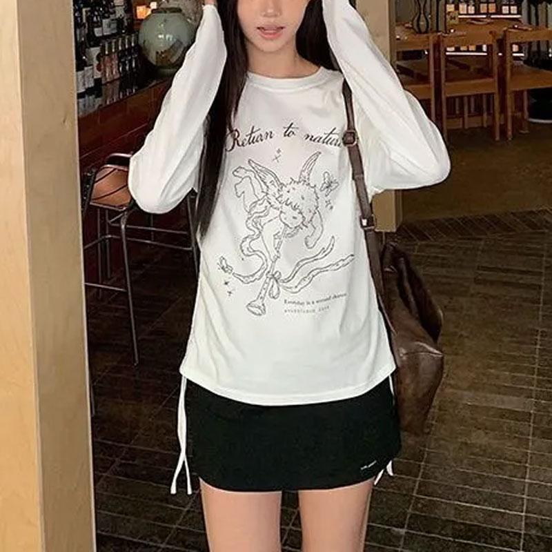 

Womens Cartoon Print Round Neck Loose Long Sleeve T Shirt S белый