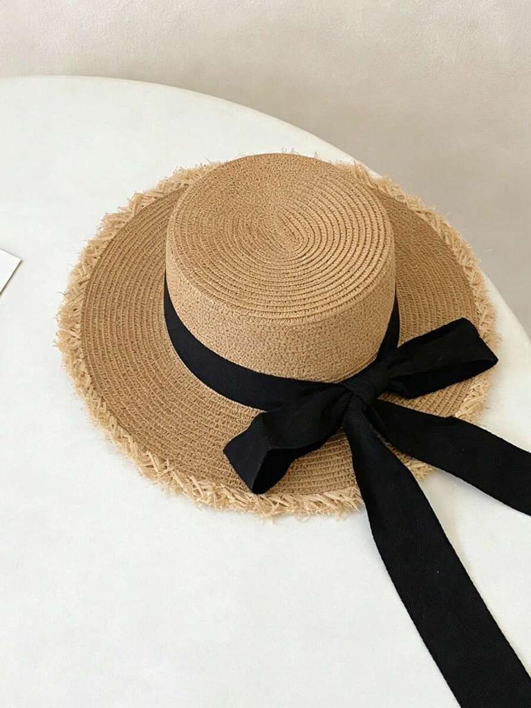 Womens Straw Sun Hat With Black Bow Decor Bohemian Beach Travel Hat