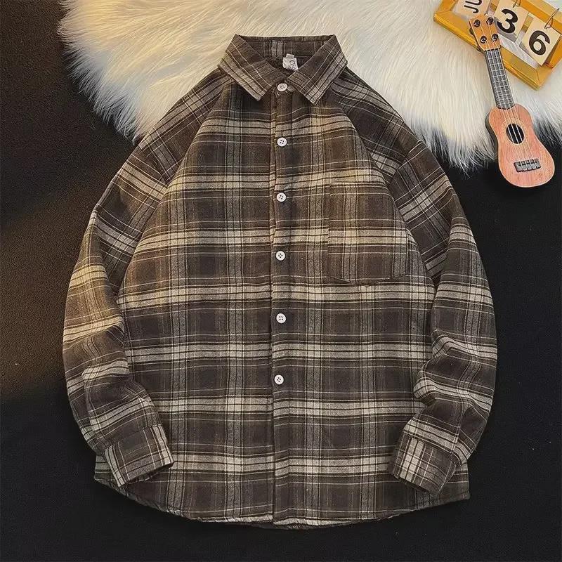 Men's Hong Kong-Style Plaid Velvet-Lined Long-Sleeve Shirt - Trendy Japanese-Inspired Autumn/Winter Jacket