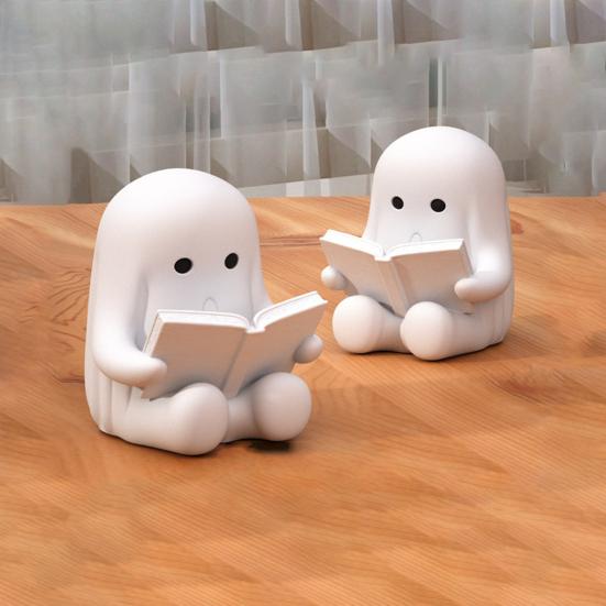 Ghost Reading Book Figurine, 3D Printed Cute Mini Sitting Ghost Statue for Halloween Bookshelf, Desk, Indoor Home Decor