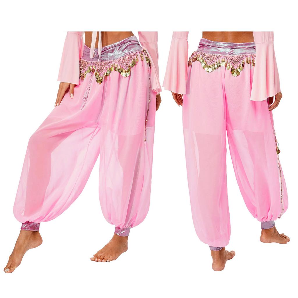 Women's Belly Dance Harem Pants Shiny Sequin Tassel Trouser Arabic Performance Loose Pants