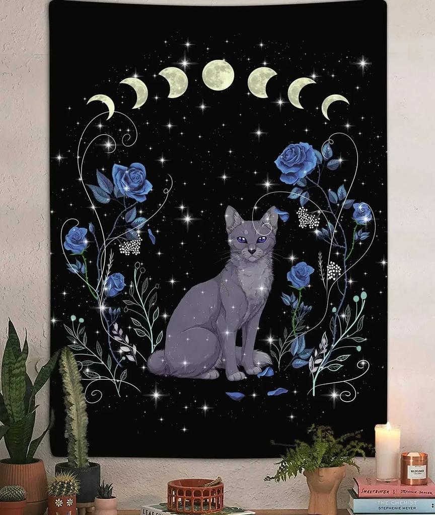 Cute Cat Tapestry Hippie Starry Night Tapestry Fantasy Kitten Playing With Butterfly Nebula Galaxy Artwork Galaxy Space
