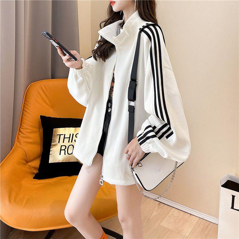 Plus Size Women Autumn Long Sleeve Zipper Jacket Winter Loose Casual Coats Sports Side Stripe Hoodie Sweatshirts