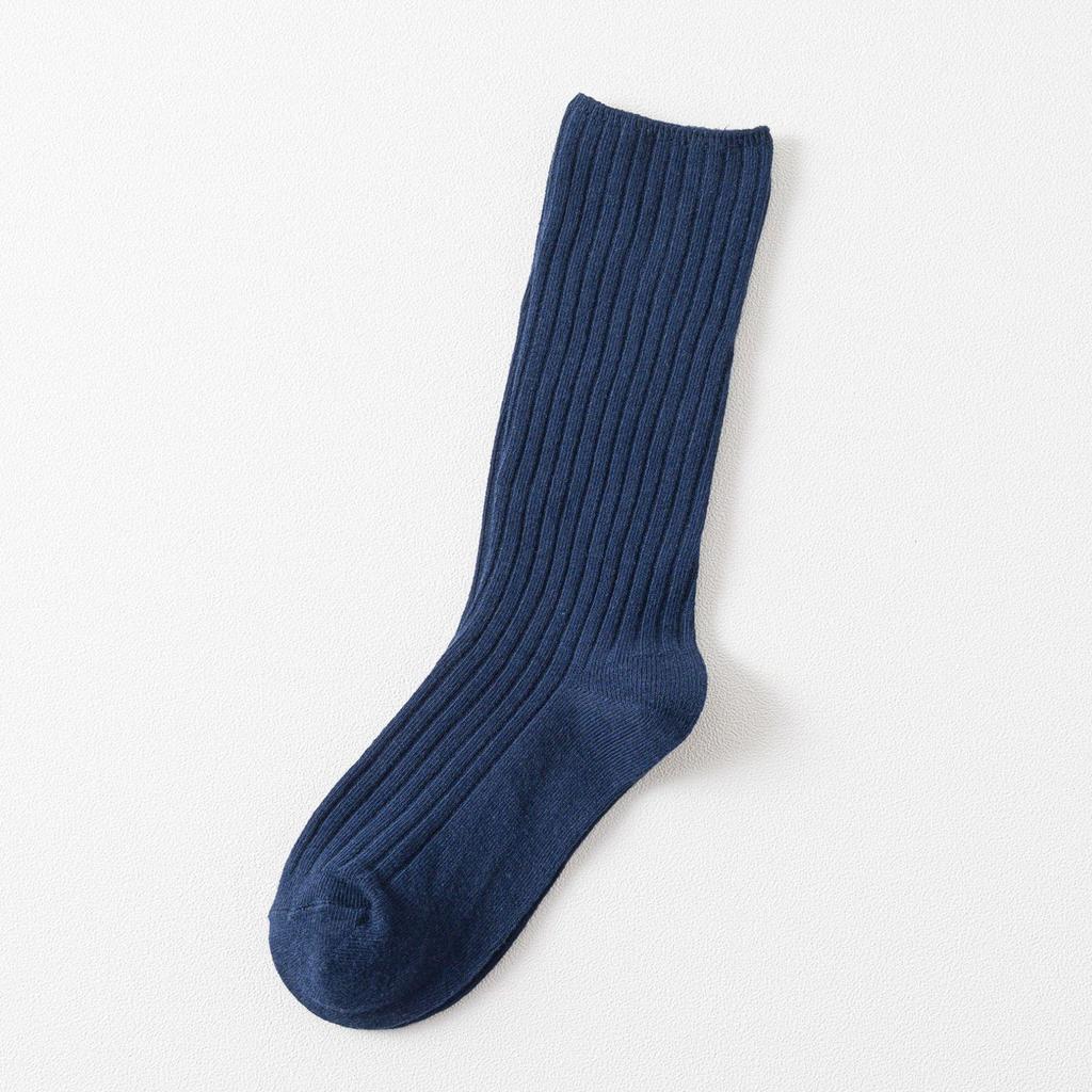 Autumn & Winter Women's Ribbed Cotton Mid-Calf Socks - Japanese Style, Solid Color, Double Needle.