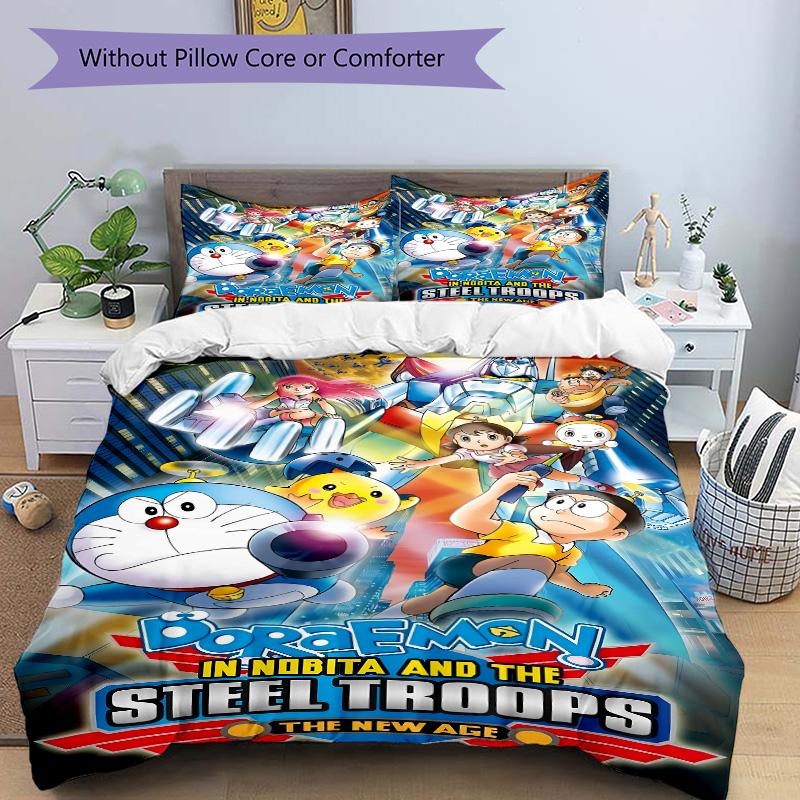 Doraemon Steel Troops Adventure Print 3Pcs Bedding Set,Duvet Cover with 2 Bedro,Pillowcase Home Birthday Gift