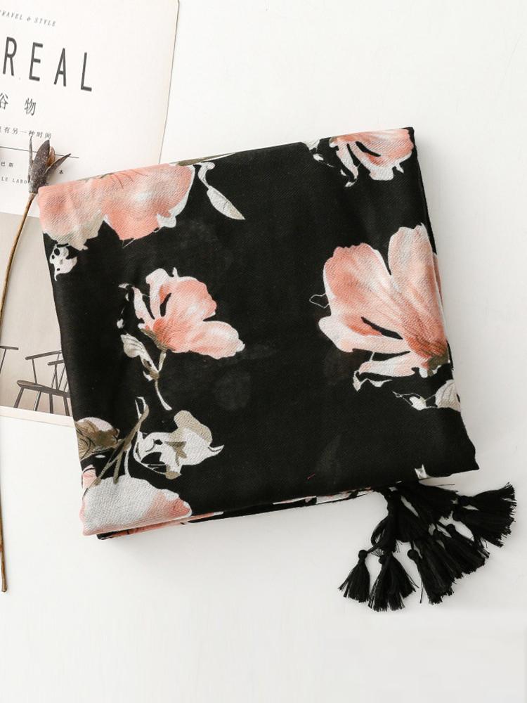 Retro Women Silk Scarf Black Floral Print Bright Silk Wrap Shawls Lady Sunscreen Bandana Hijab Scarve Pareo Headscarf Boho New