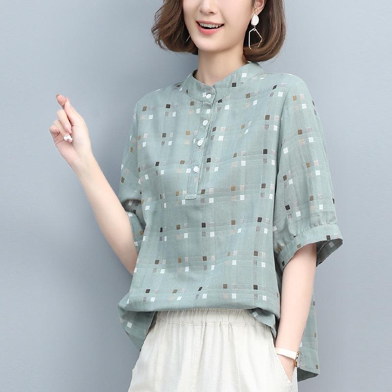 

Women s Summer 2025 Plaid Cotton Mid-Sleeve Loose Fit Top Medium
