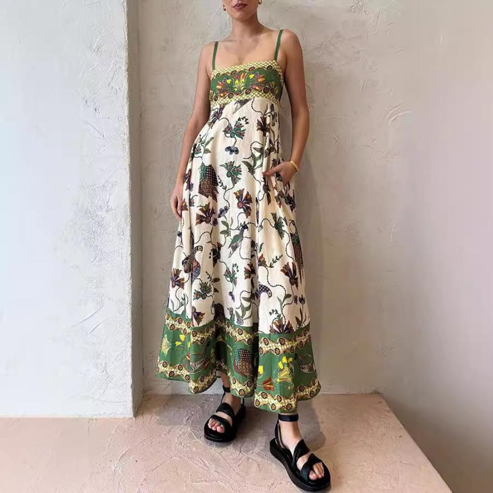 Women's Summer Casual Boho Long Sundress Strap Square Neck Sleeveless Maxi Dresses Flower Printed A Line Beach Dress for Women