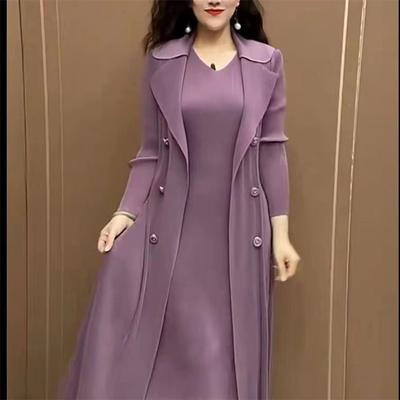 İlkbahar Sonbahar Sahte İki Parça Zarif Moda Elbise Bayan Uzun Kollu Mizaç Düz Renk Vestido Kadın Vintage Günlük Elbise