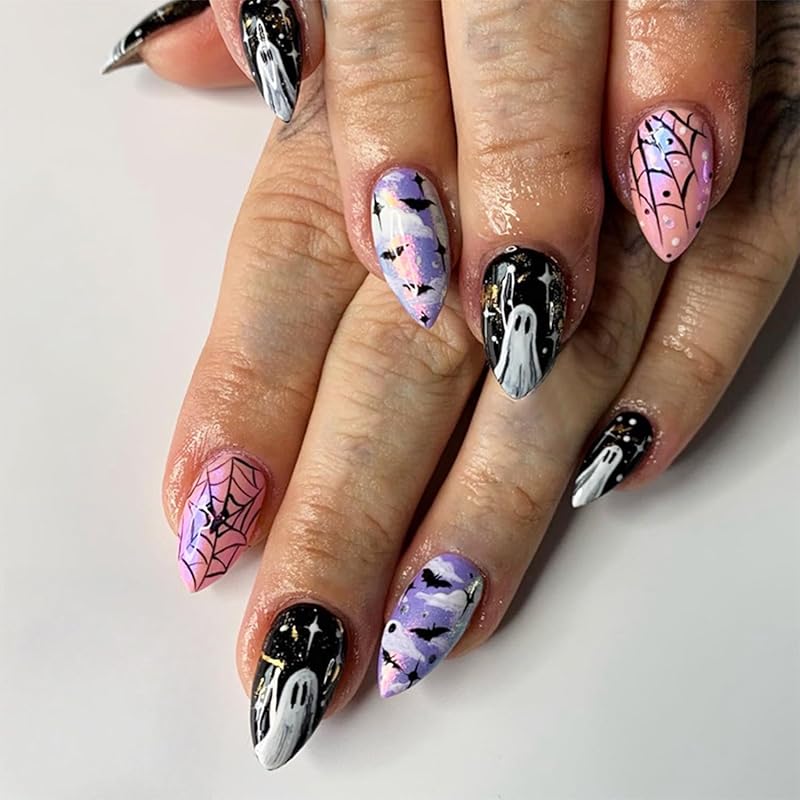 24pcs Halloween Press On Nails Short Oval Bat Fake Nails with Spider Skull Pumpkin Spider Web Designs Ghost False Nail Halloween Acrylic Nail Kit