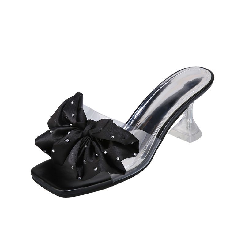 Shoes Black with Bow Rhenstone Sexy Women's Slippers and Ladies Sandals Heel Slides New Collection Unique Small Size Easy Wears