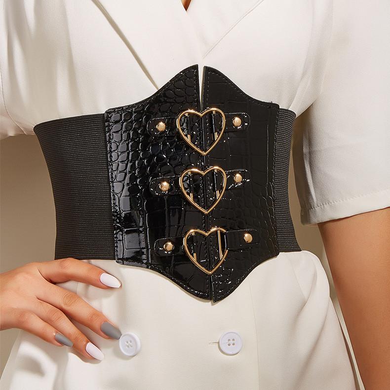 Shaped Heart Magnetic Buckle Waist Belt Elastic Waistband And Synthetic Leather