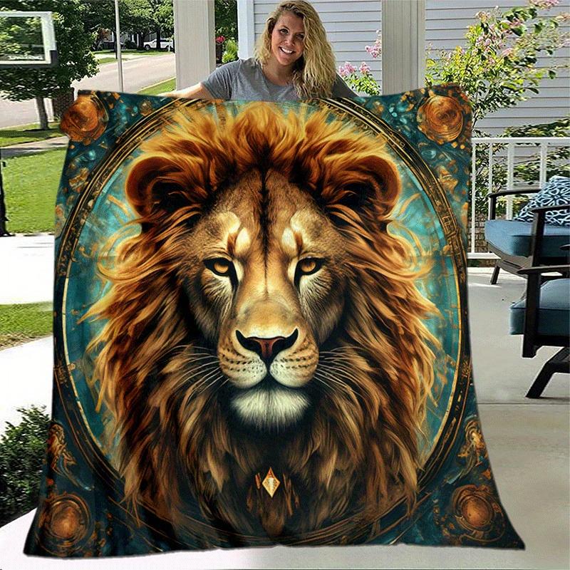 1pc Lion Printing Lightweight Flannel Blanket, Comfortable and Warm Blanket, for Camping Sofa Bed and Couch Office, Gift