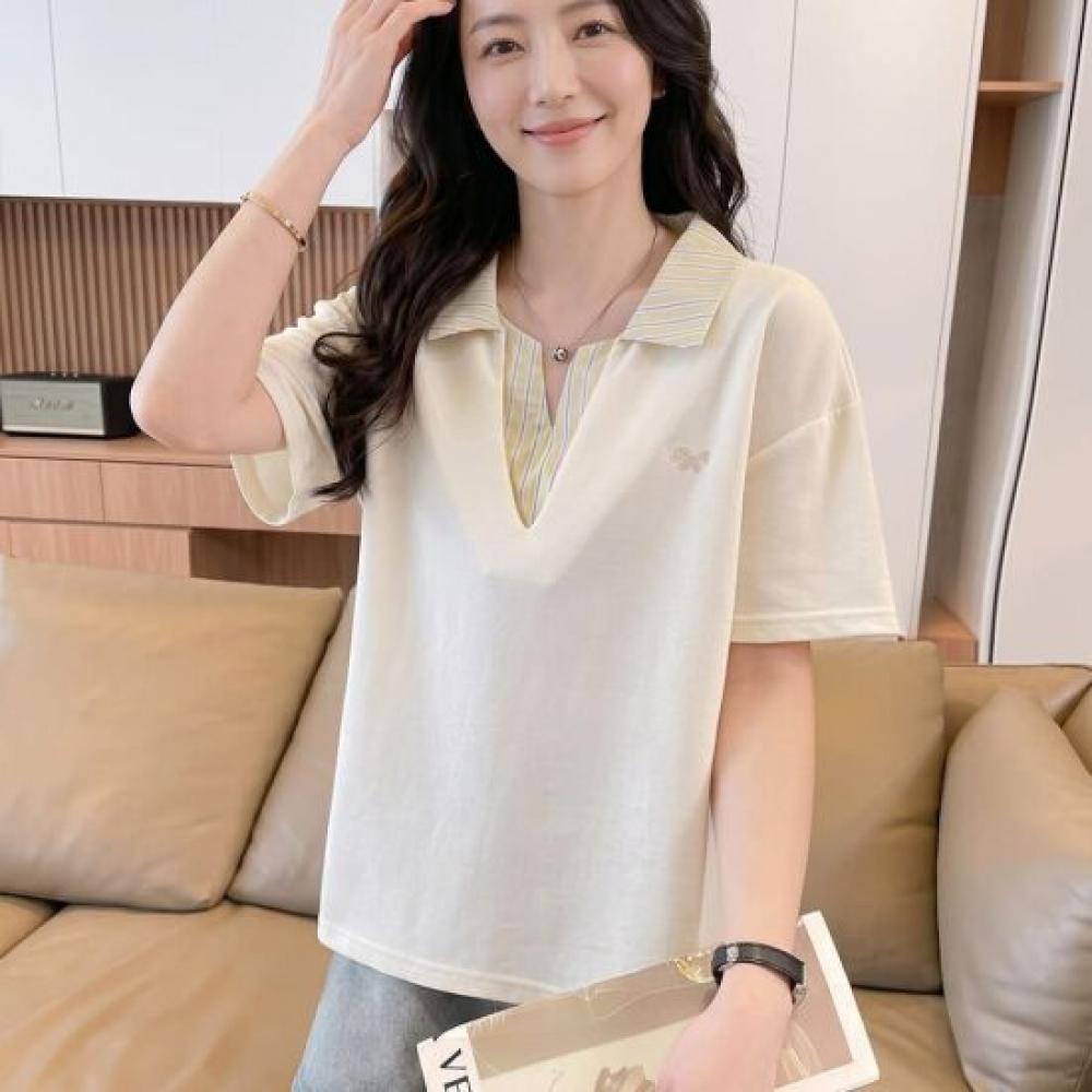 Navava Women Casual Embroidery PoinT Daily Collar ShorT Sleeve T shirT nT3415