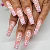 24Pcs Long Square Press On Nails Leopard Print French 3D Cherry Design False Nail Rhinestone Wearable Full Cover Fake Nails Tips