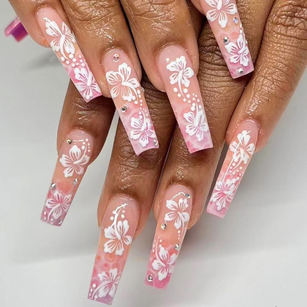 24Pcs Long Square Press On Nails Leopard Print French 3D Cherry Design False Nail Rhinestone Wearable Full Cover Fake Nails Tips